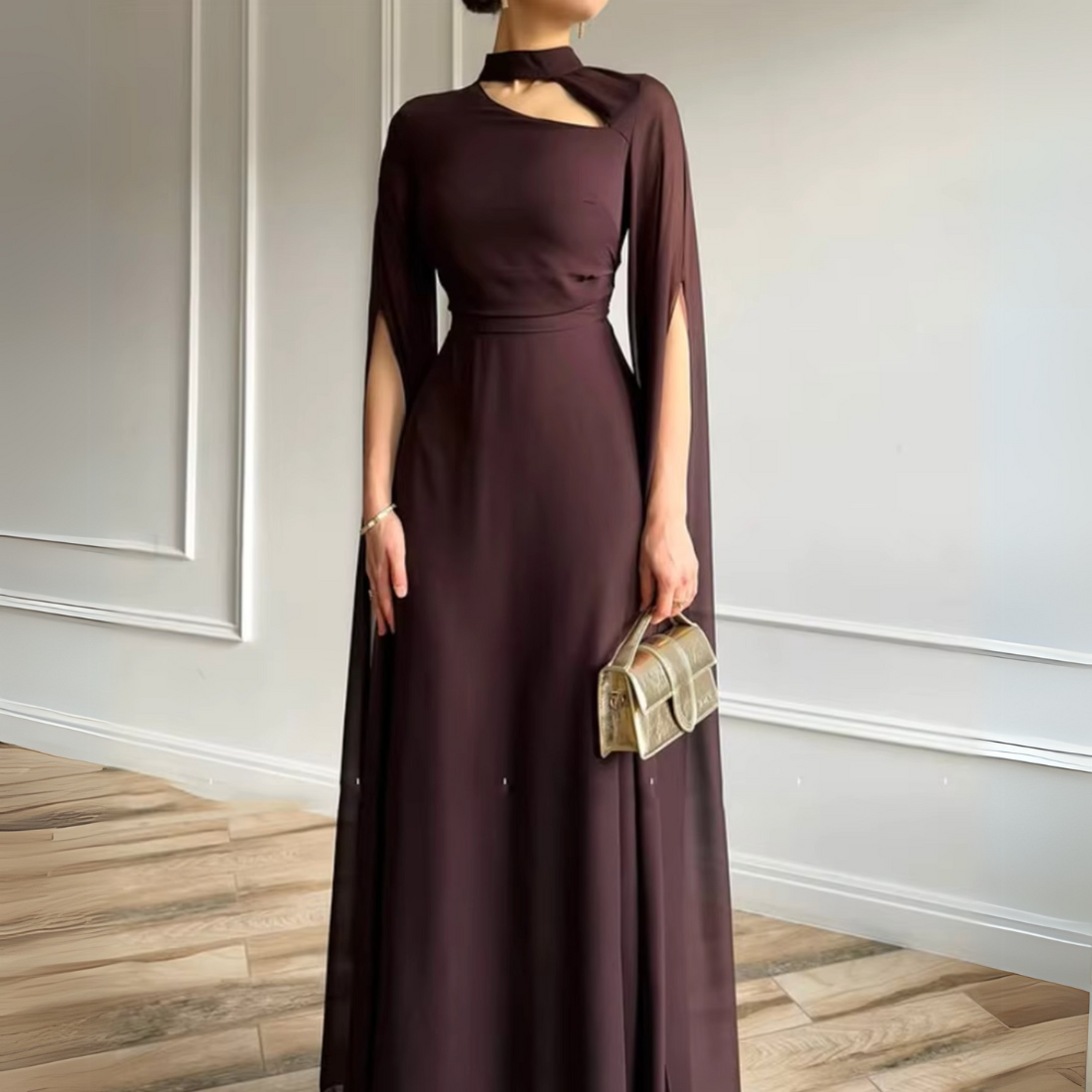 Deep Brown Halter Neck Drape Sleeves Chiffon Long Dress, Close Up