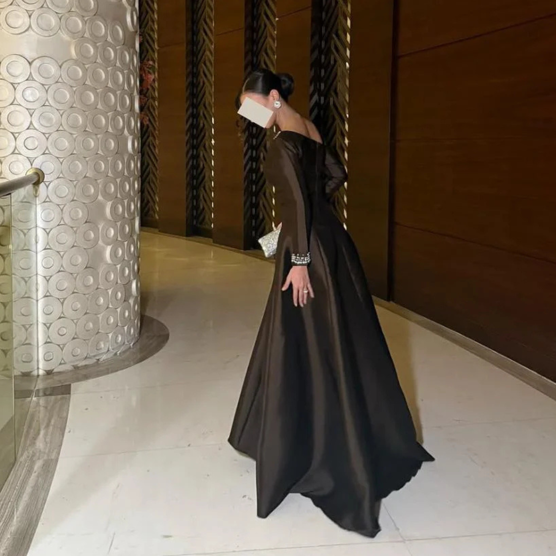 Dubai Brown Rhinestones Modest Satin Evening Dress, Back