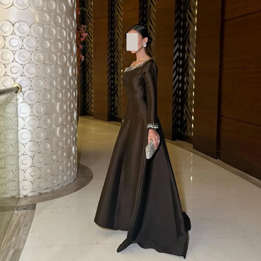 Dubai Brown Rhinestones Modest Satin Evening Dress, Left