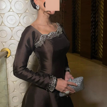 Dubai Brown Rhinestones Modest Satin Evening Dress, Right