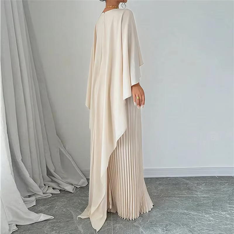 Dubai Silky Off White Pleated Batwing Modest Evening Dress, Back