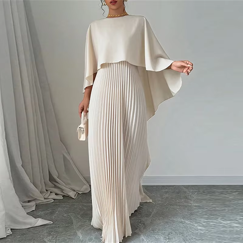 Dubai Off White Pleated Batwing Modest Evening Dress Black / M