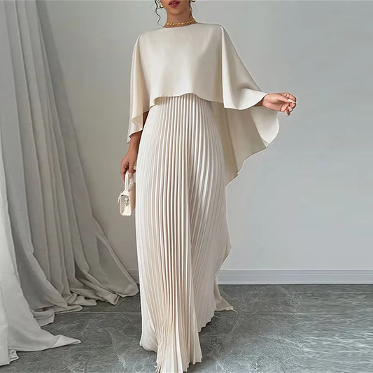 Dubai Silky Off White Pleated Batwing Modest Evening Dress, Front