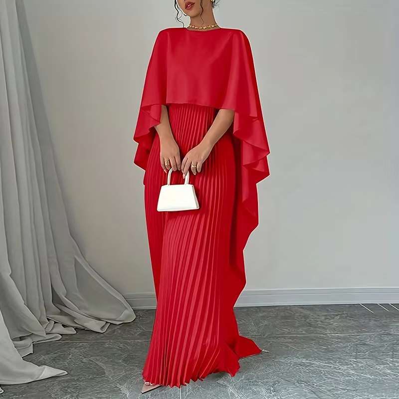 Dubai Silky Red Pleated Batwing Modest Evening Dress, Front, Left