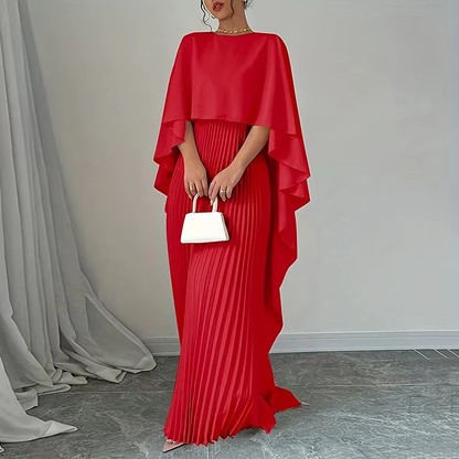 Dubai Silky Red Pleated Batwing Modest Evening Dress, Front, Left
