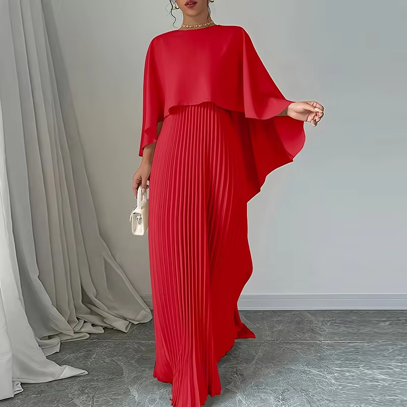Dubai Silky Red Pleated Batwing Modest Evening Dress, Front