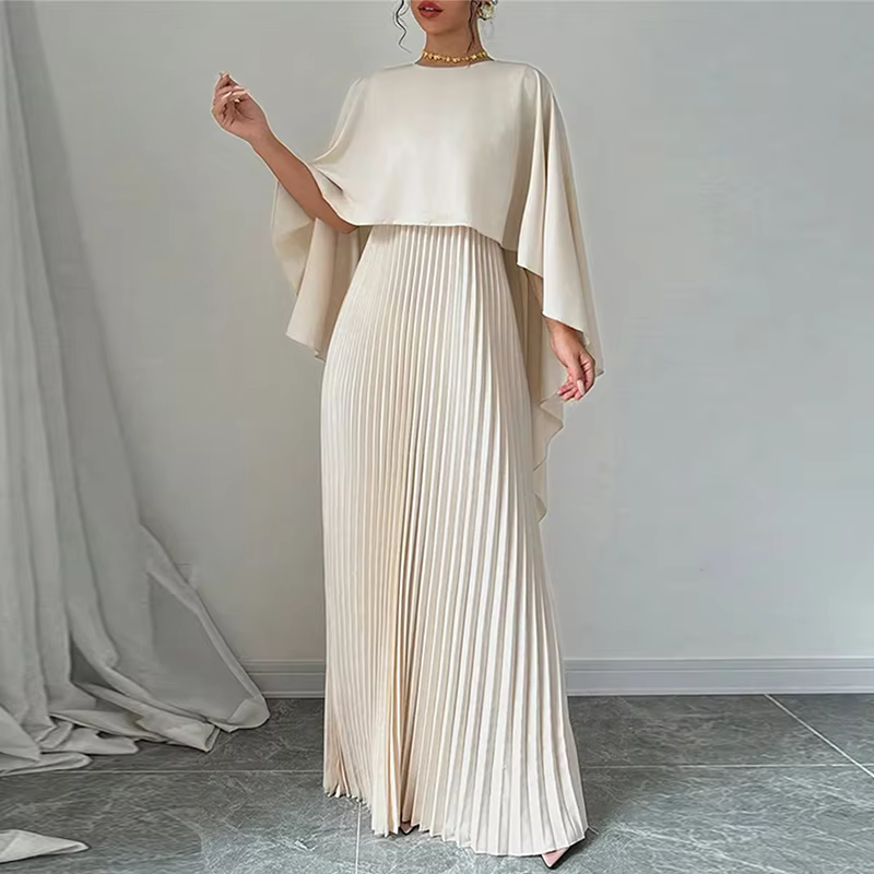 Dubai Silky Off White Pleated Batwing Modest Evening Dress, Front 2