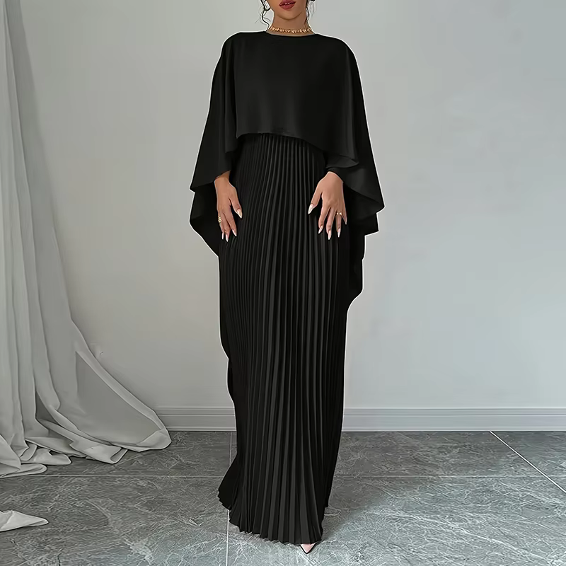 Dubai Silky Black Pleated Batwing Modest Evening Dress, Front2