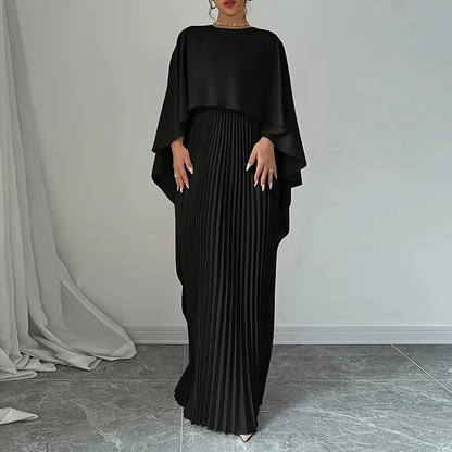 Dubai Silky Black Pleated Batwing Modest Evening Dress, Front2