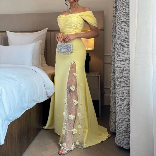 Dubai Yellow Off Shoulder Floral Side Slit Long Evening Dress, Front