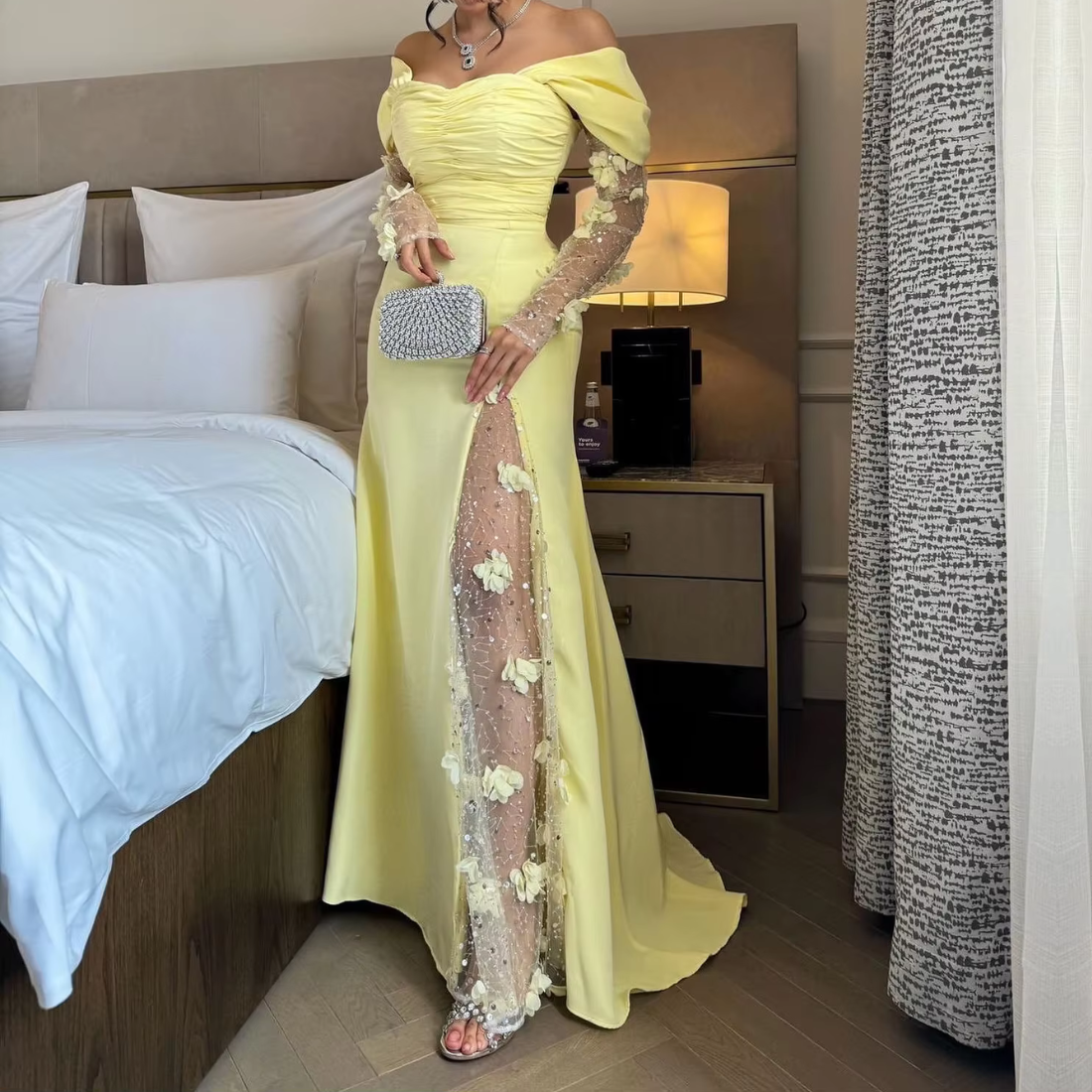 Dubai Yellow Off Shoulder Floral Side Slit Long Evening Dress, Right