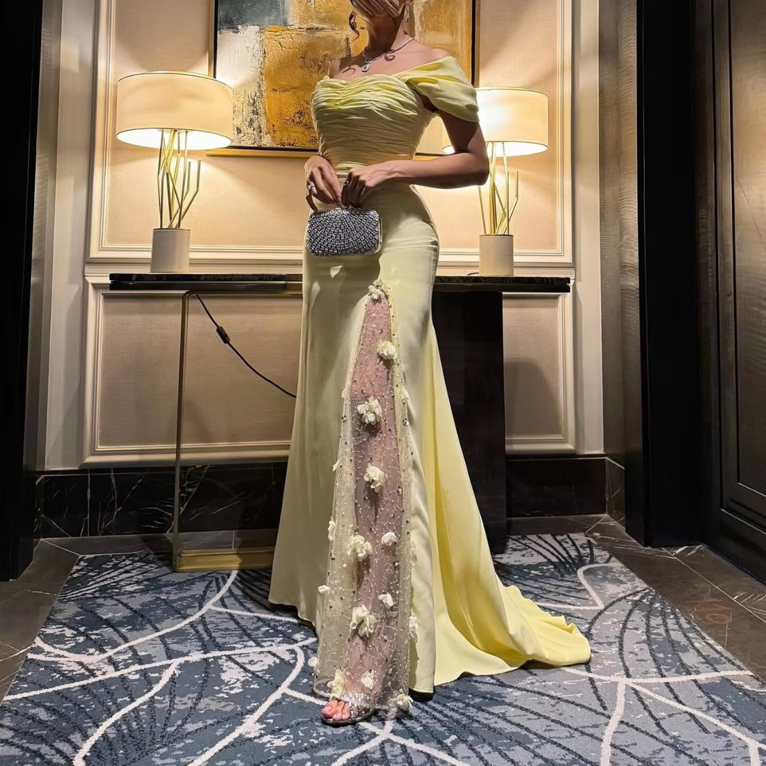 Dubai Yellow Off Shoulder Floral Side Slit Long Evening Dress, Full Shot