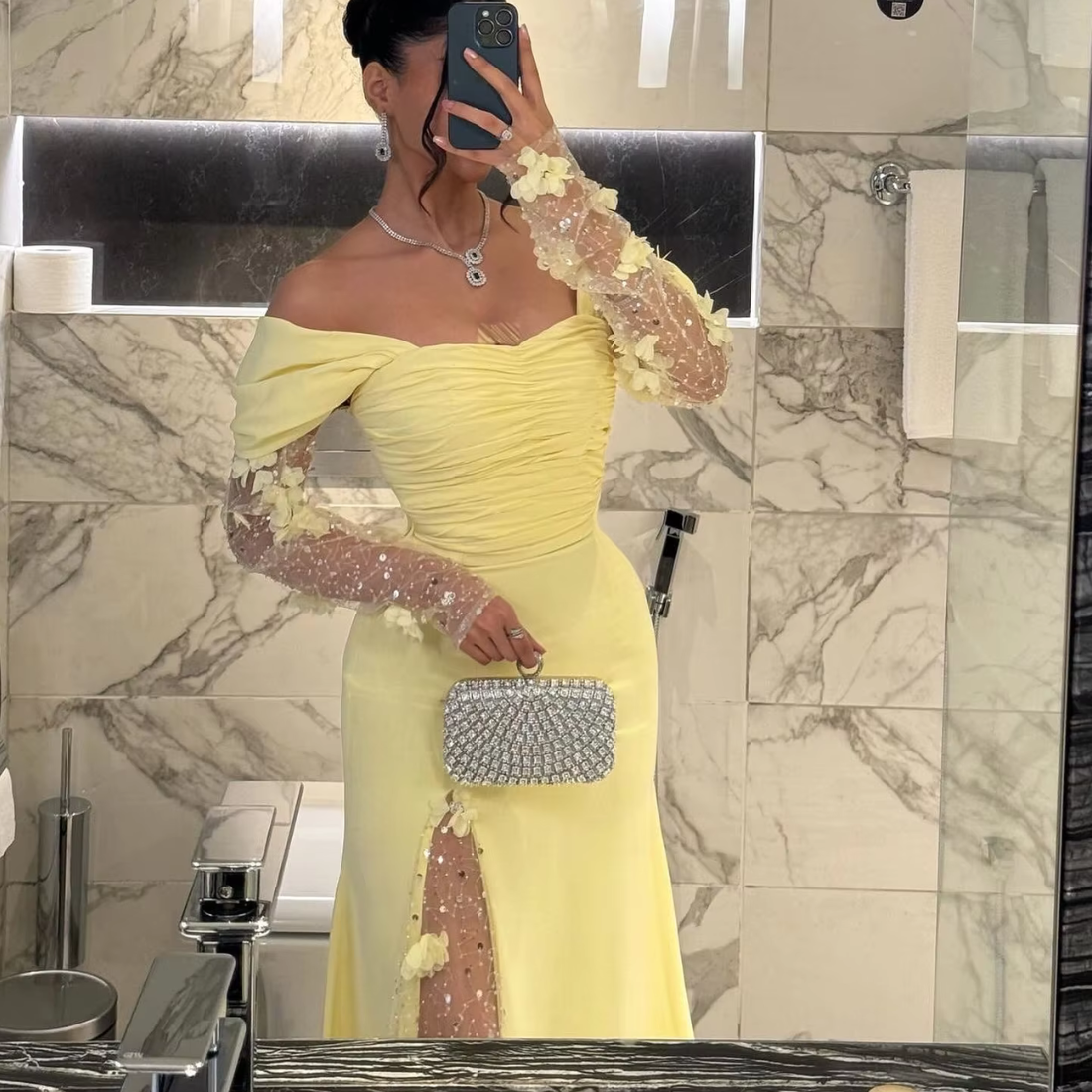 Dubai Yellow Off Shoulder Floral Side Slit Long Evening Dress, Close Up