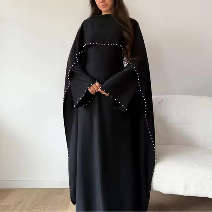 Elegant Burgundy Modest Pearl Long Flare Sleeves Maxi Dress (Abaya)