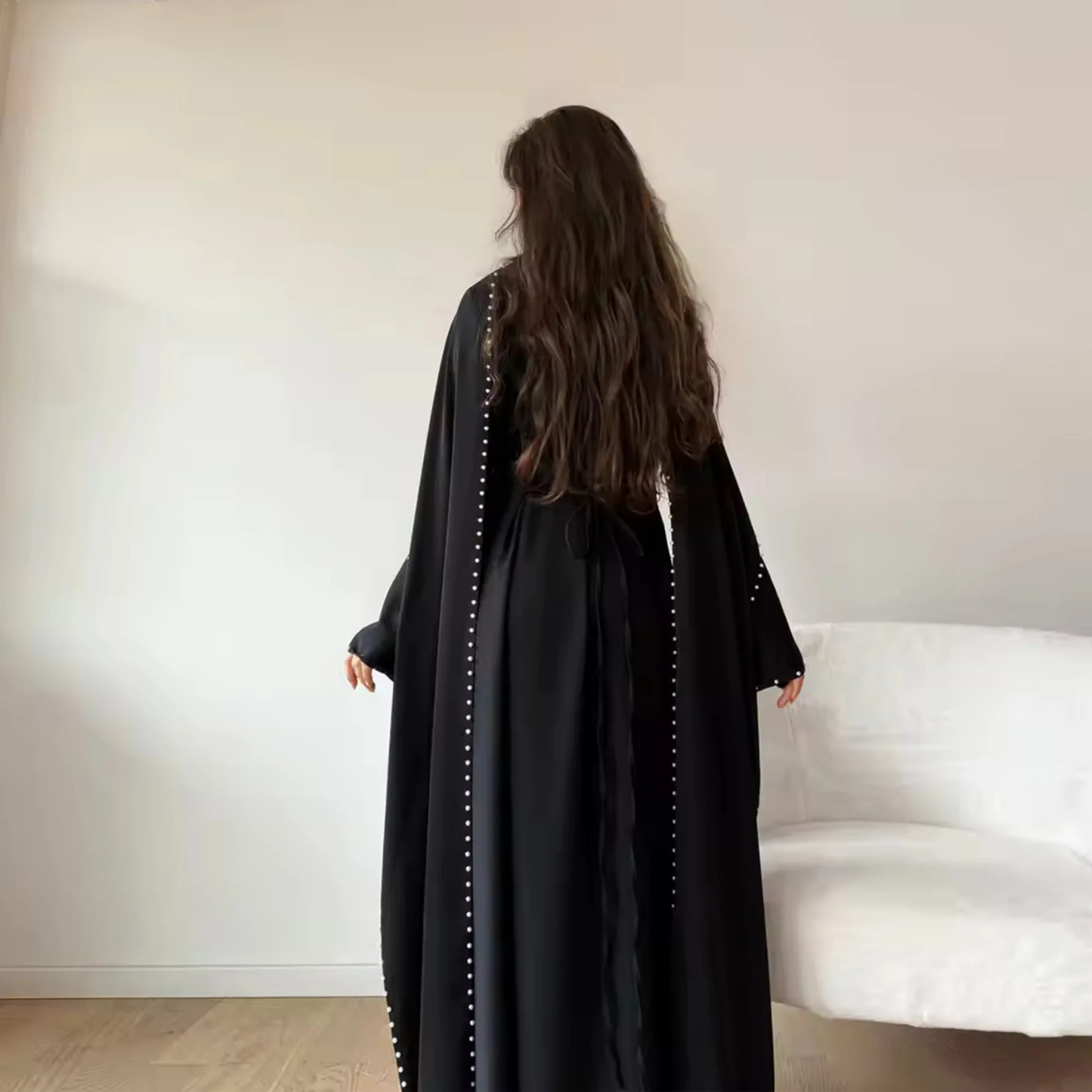 Elegant Burgundy Modest Pearl Long Flare Sleeves Maxi Dress (Abaya)