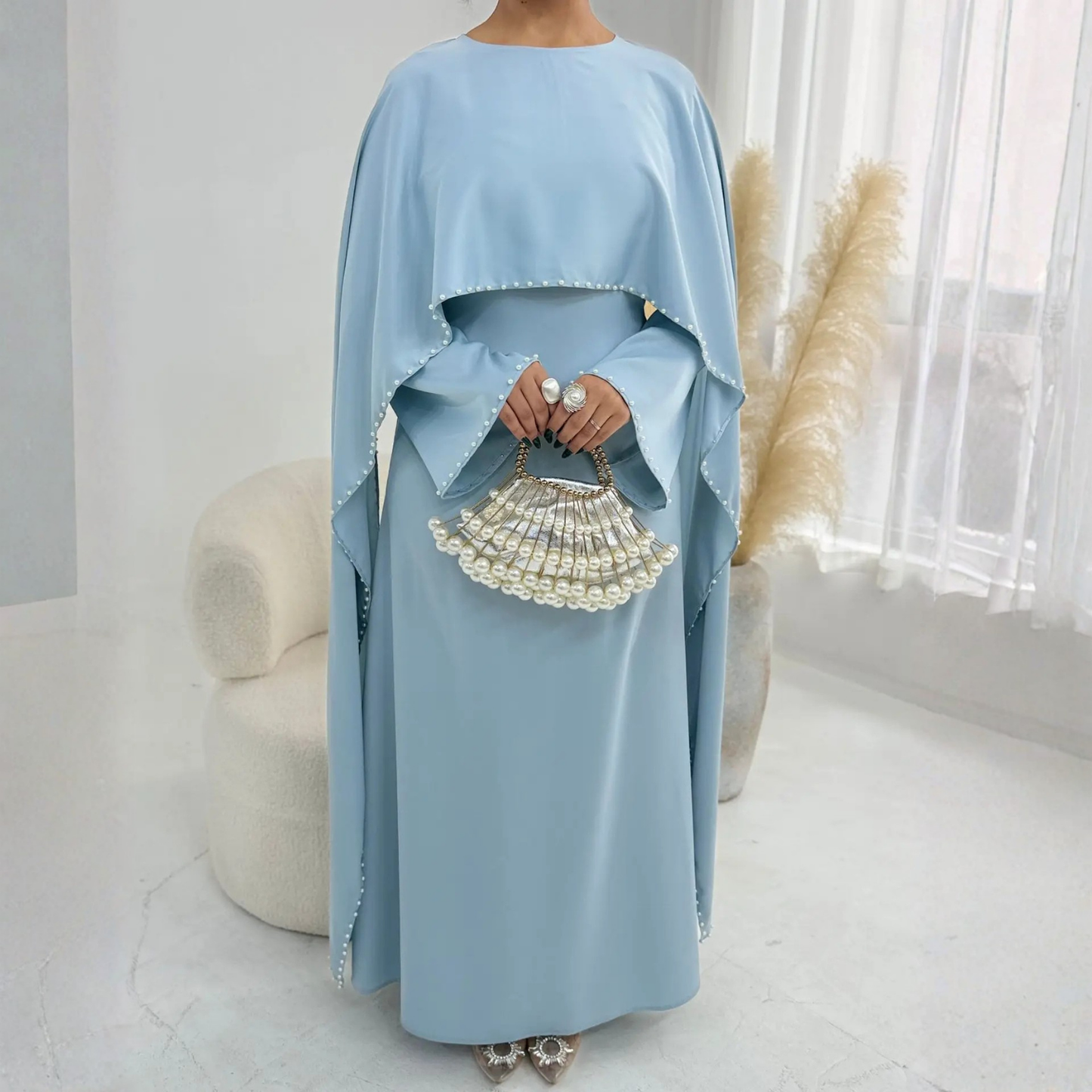 Elegant Burgundy Modest Pearl Long Flare Sleeves Maxi Dress (Abaya)