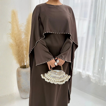 Elegant Burgundy Modest Pearl Long Flare Sleeves Maxi Dress (Abaya)