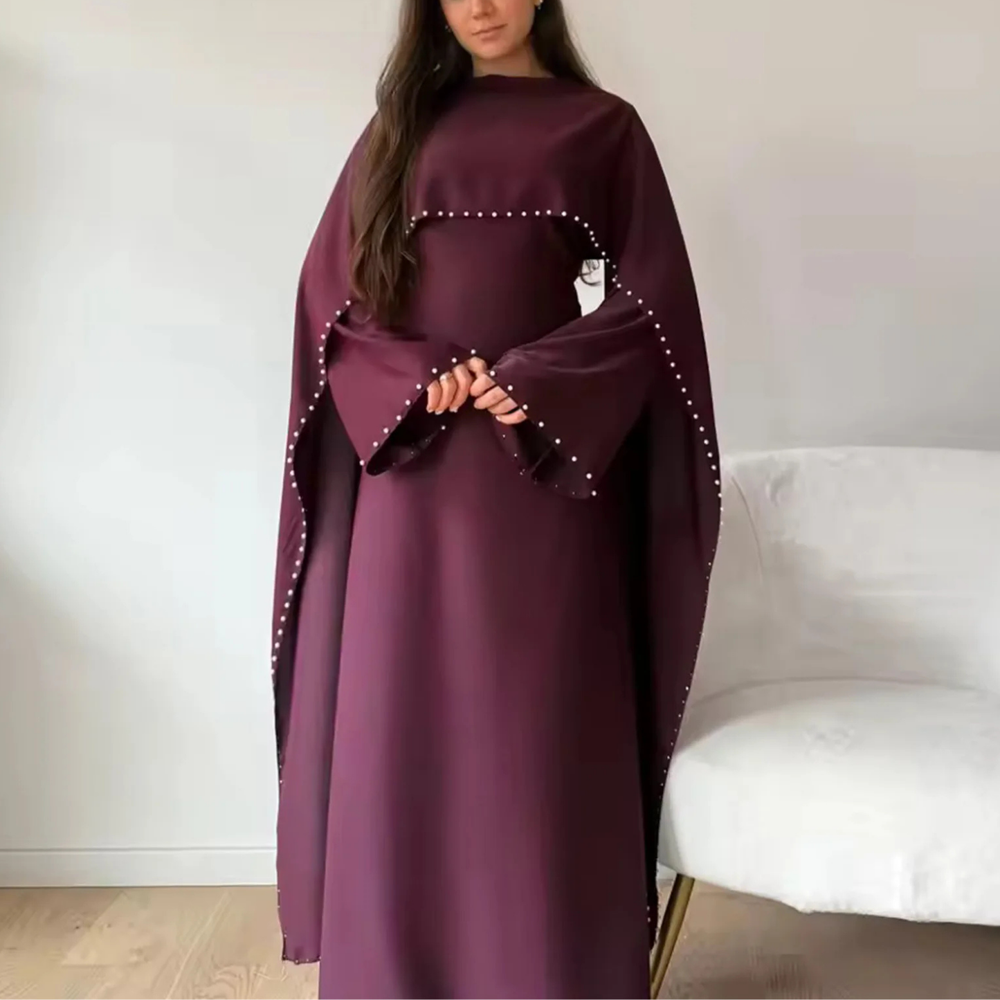 Elegant Burgundy Modest Pearl Long Flare Sleeves Maxi Dress (Abaya)