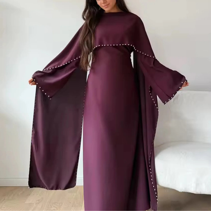 Elegant Burgundy Modest Pearl Long Flare Sleeves Maxi Dress (Abaya)
