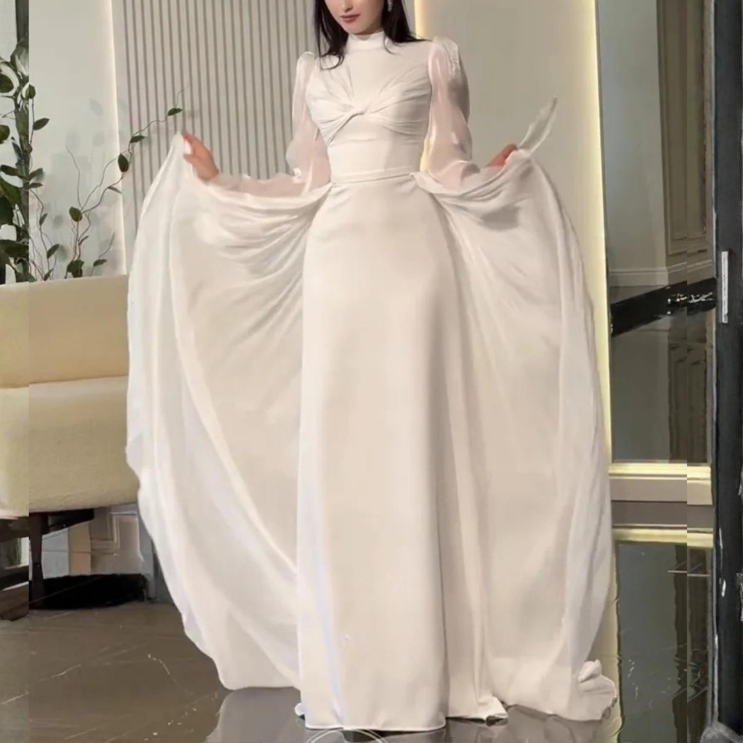 Elegant Modest High Neck Long Puff Sleeves Chiffon Bridal Gown, Left