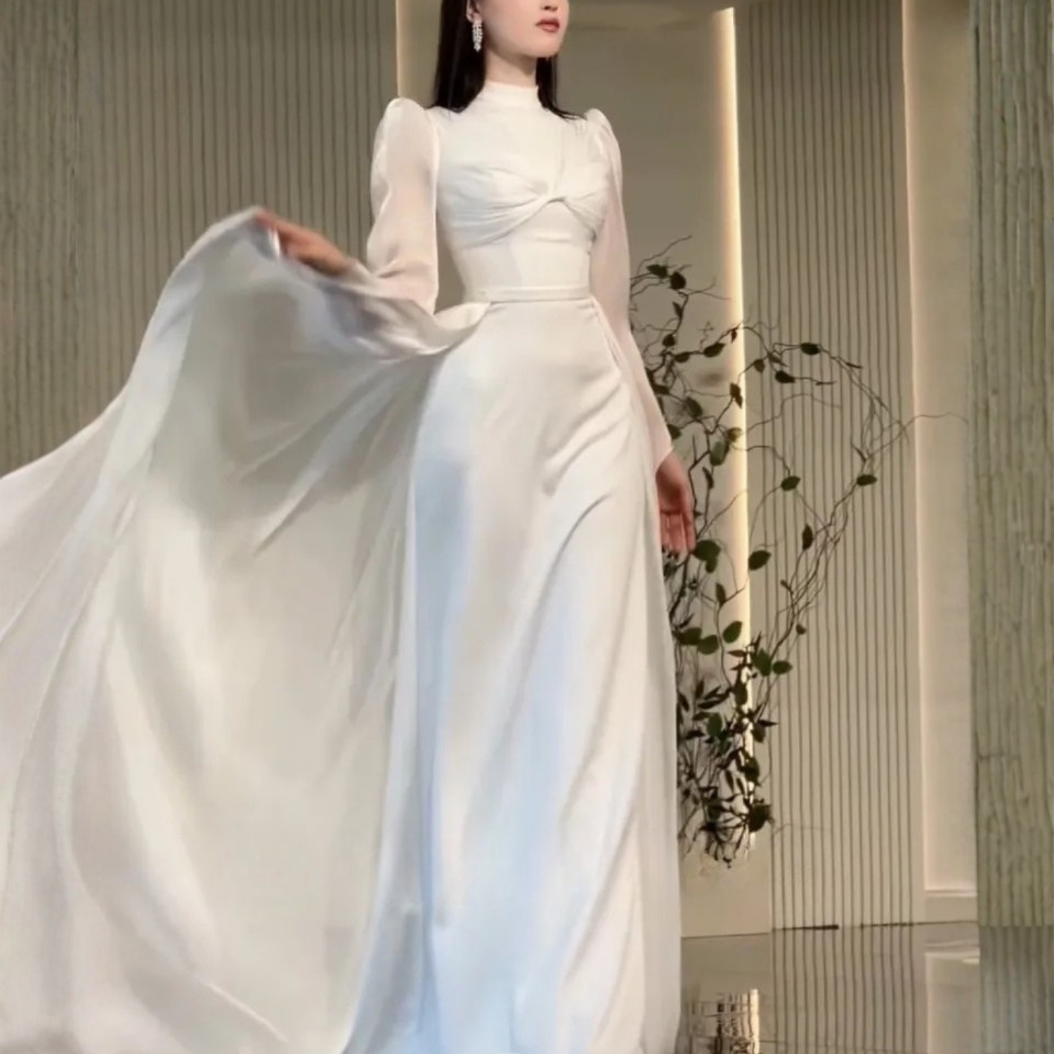 Elegant Modest High Neck Long Puff Sleeves Chiffon Bridal Gown, Right