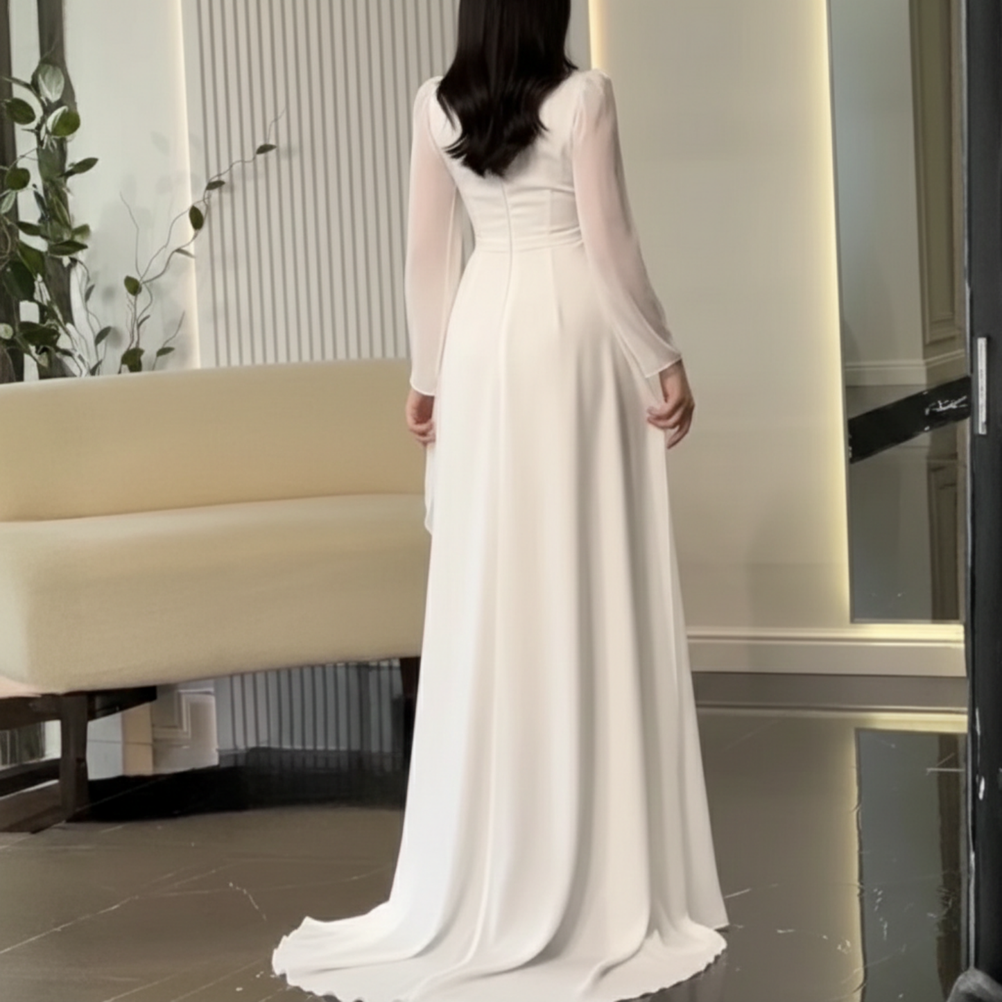 Elegant Modest High Neck Long Puff Sleeves Chiffon Bridal Gown, Back