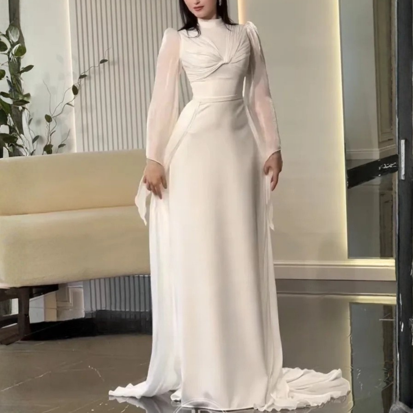 Elegant Modest High Neck Long Puff Sleeves Chiffon Bridal Gown