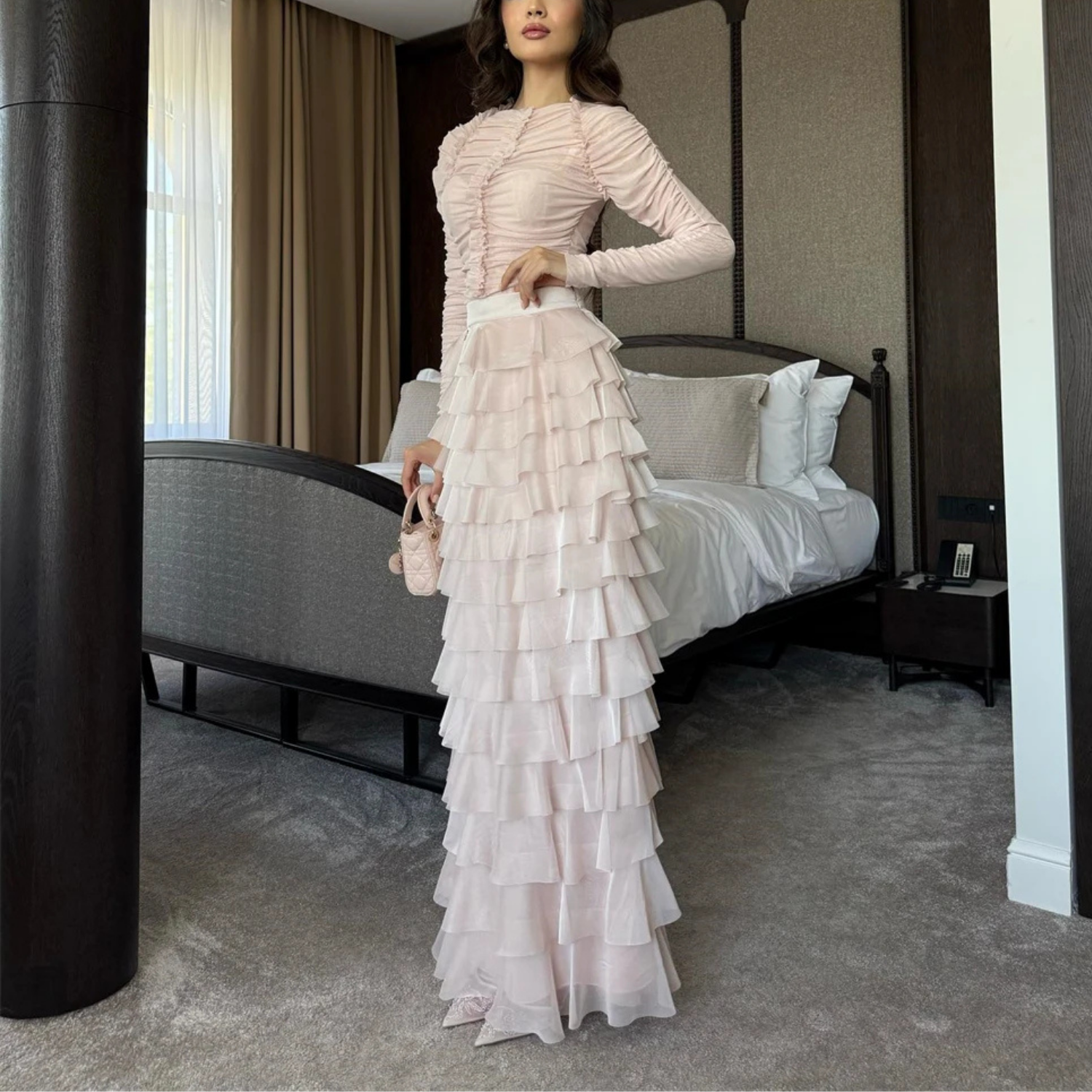 Elegant Modest Light Pink Chiffon Ruched Tiered Layered Wedding Guest Dress, Left