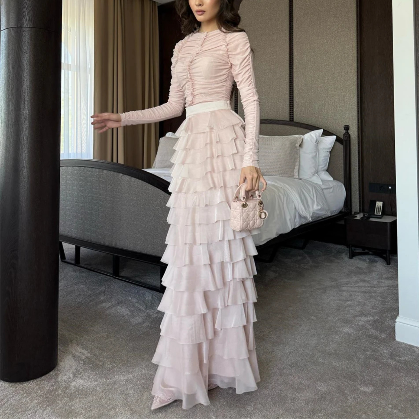 Elegant Modest Light Pink Chiffon Ruched Tiered Layered Wedding Guest Dress, Right