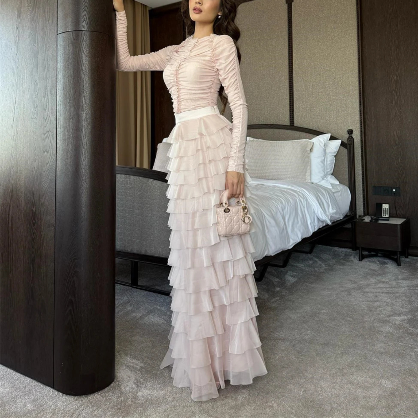 Elegant Modest Light Pink Chiffon Ruched Tiered Layered Wedding Guest Dress, Left 2