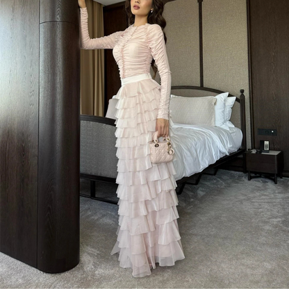 Elegant Modest Light Pink Chiffon Ruched Tiered Layered Wedding Guest Dress, Left 2