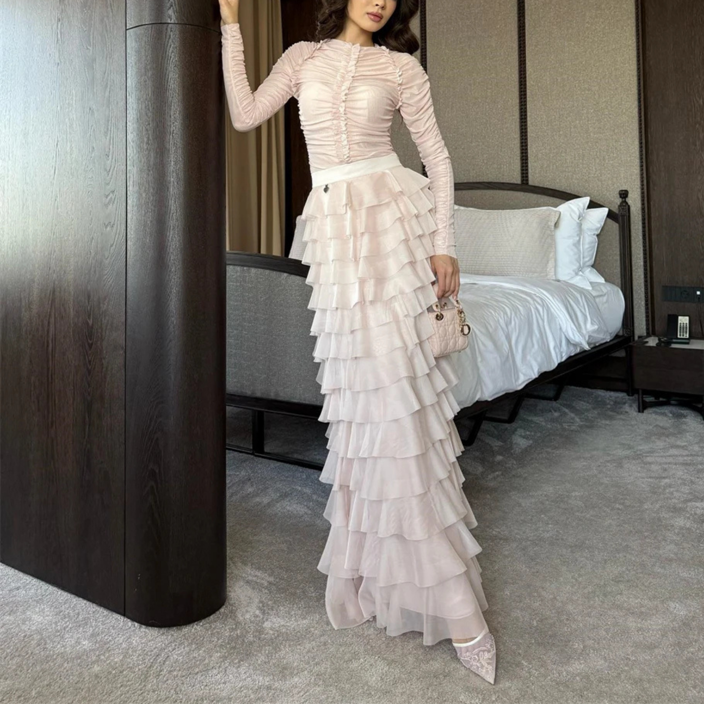 Elegant Modest Light Pink Chiffon Ruched Tiered Layered Wedding Guest Dress, Front