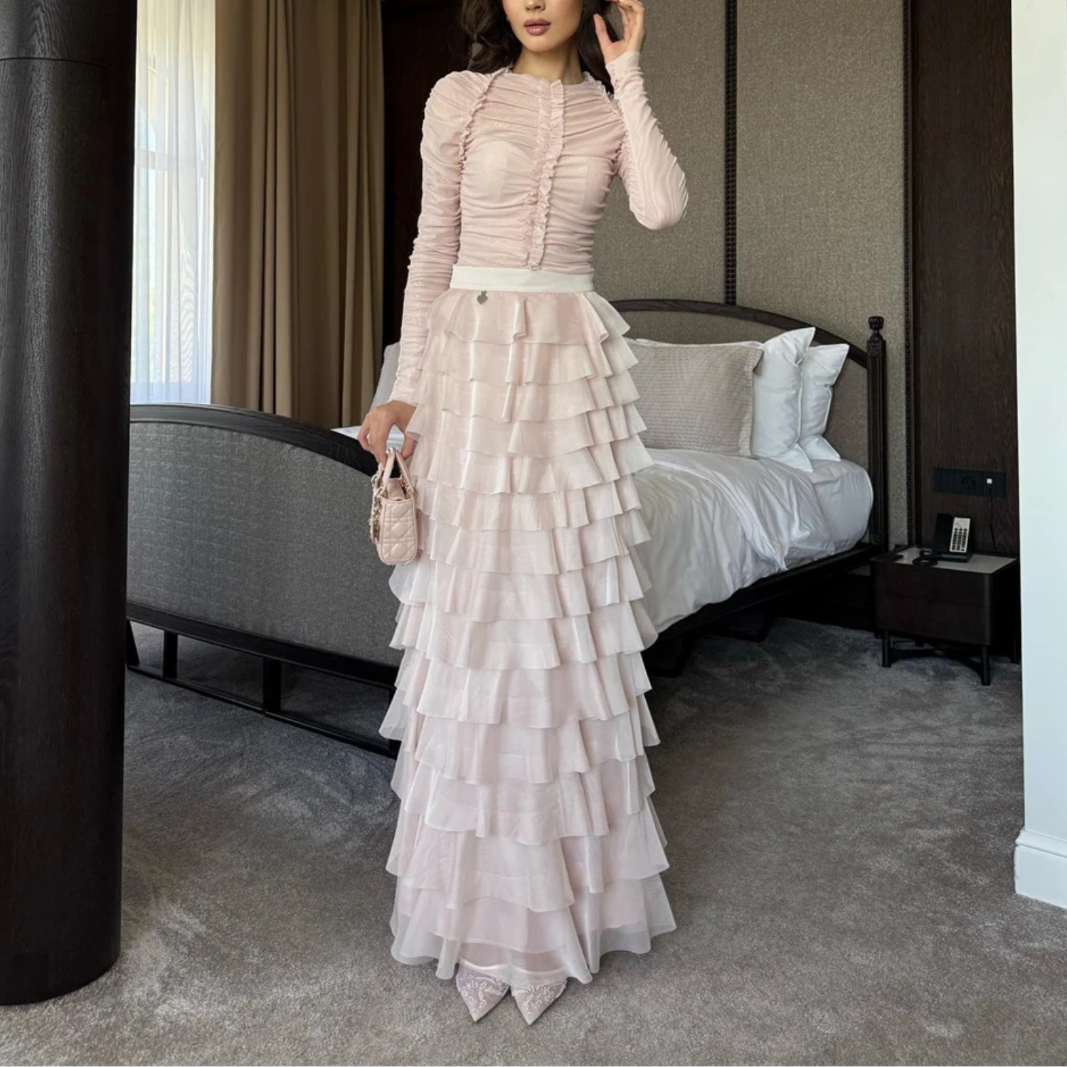 Elegant Modest Light Pink Chiffon Ruched Tiered Layered Wedding Guest Dress