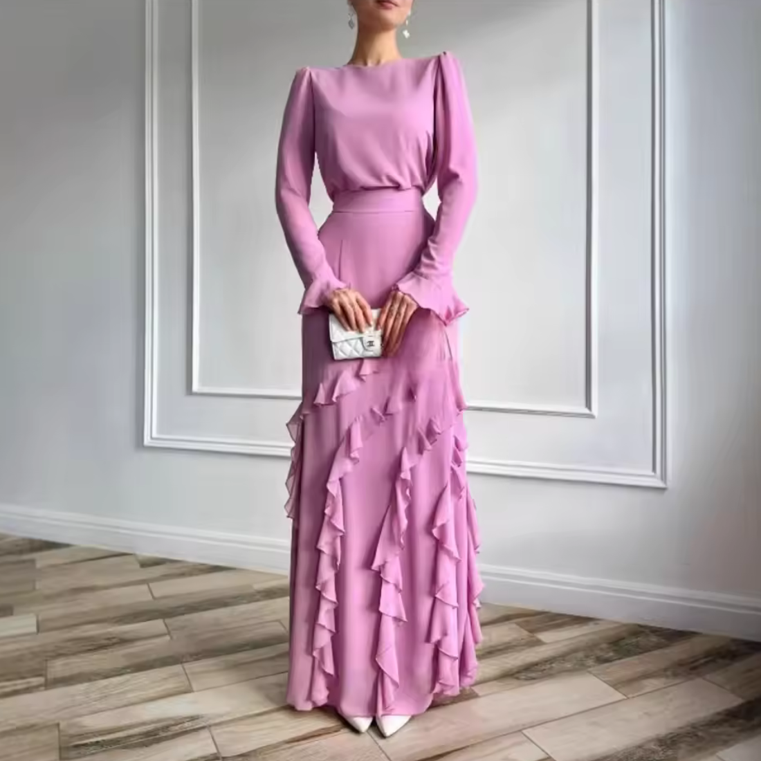 Elegant Modest Ruffle Design Long Evening Dress Set S / Pink Elegant Modest Ruffle Design Long Evening Dress Set S / Pink