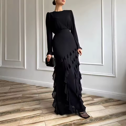 Black Elegant Modest Ruffle Design Long Evening Dress