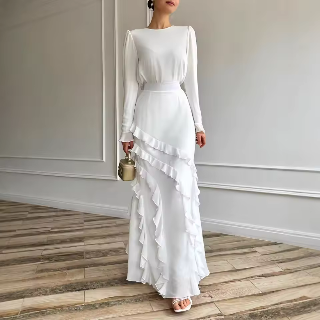 White Elegant Modest Ruffle Design Long Evening Dress