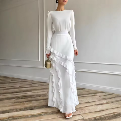 White Elegant Modest Ruffle Design Long Evening Dress