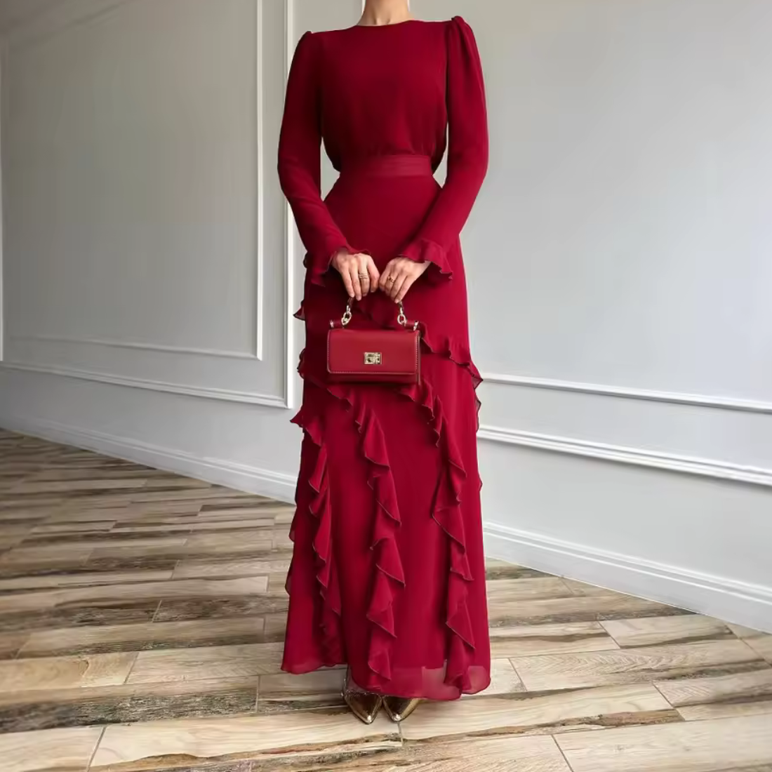 Red Elegant Modest Ruffle Design Long Evening Dress