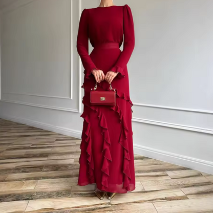 Red Elegant Modest Ruffle Design Long Evening Dress