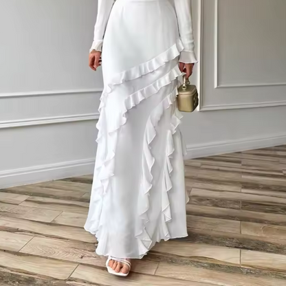 White Elegant Modest Ruffle Design Long Evening Dress, Close Up