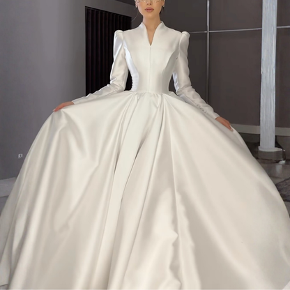 Elegant Modest V-Neck Long Puff Sleeves A-Line Satin Bridal Gown, Left