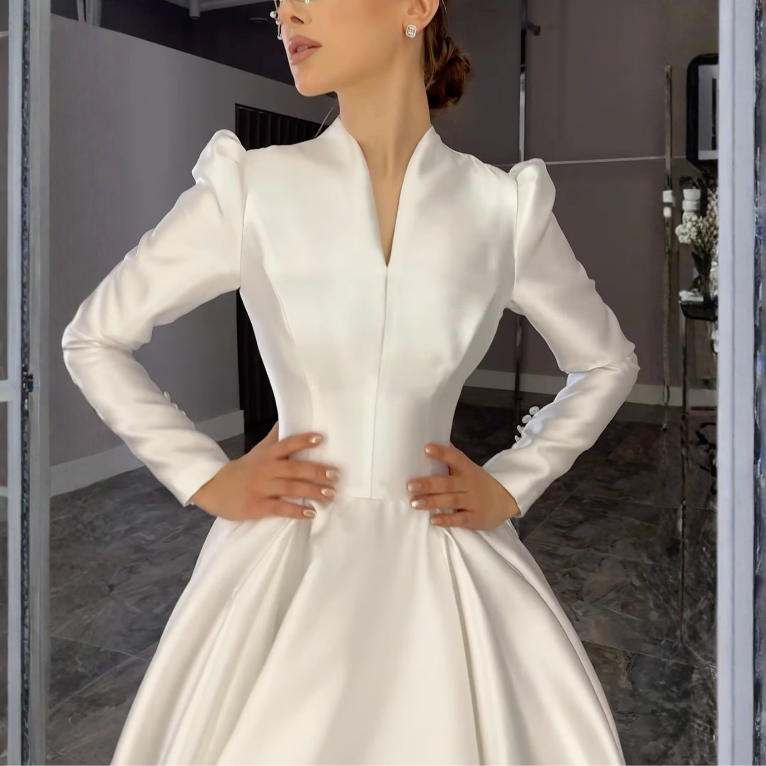 Elegant Modest V-Neck Long Puff Sleeves A-Line Satin Bridal Gown, Close Up