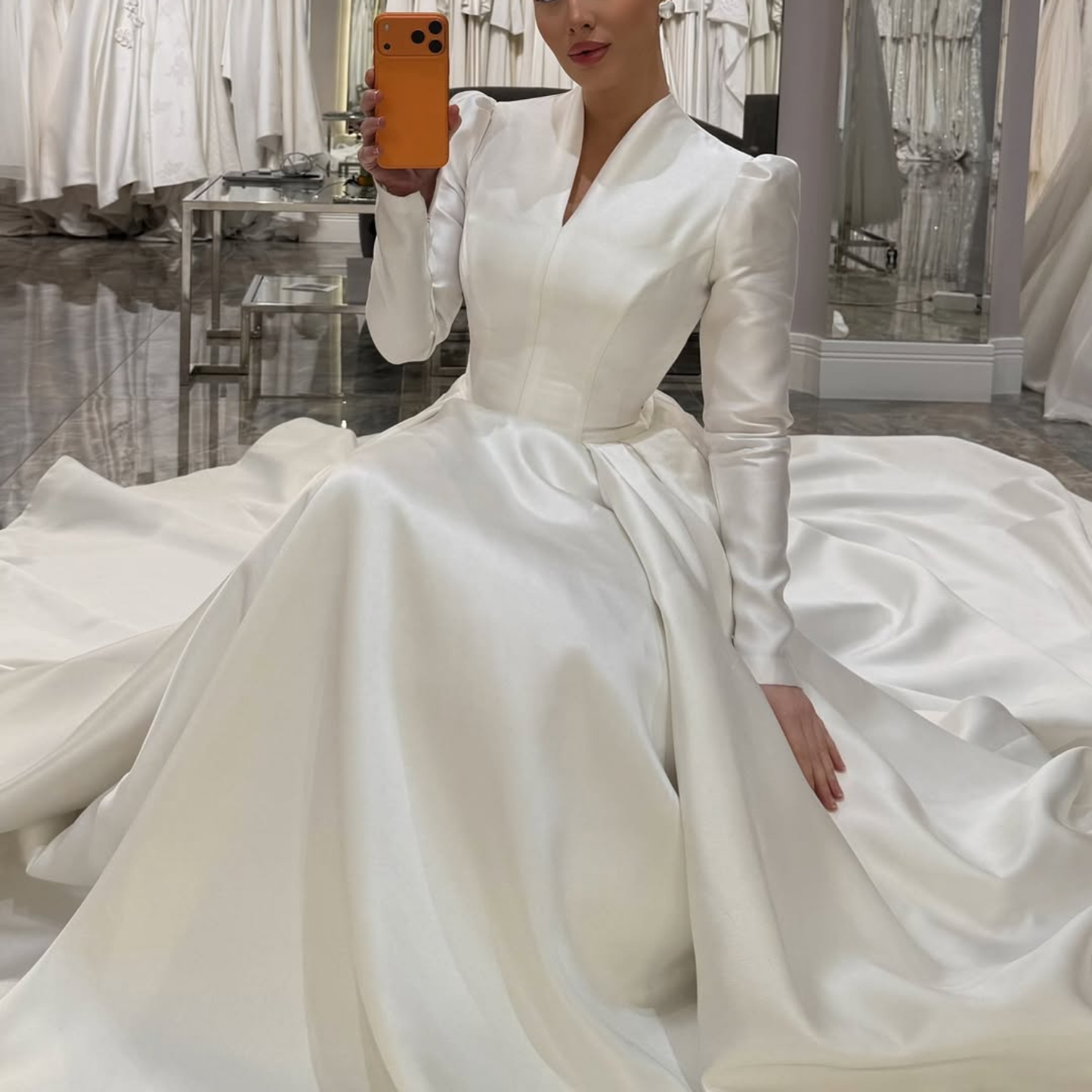 Elegant Modest V-Neck Long Puff Sleeves A-Line Satin Bridal Gown, Right