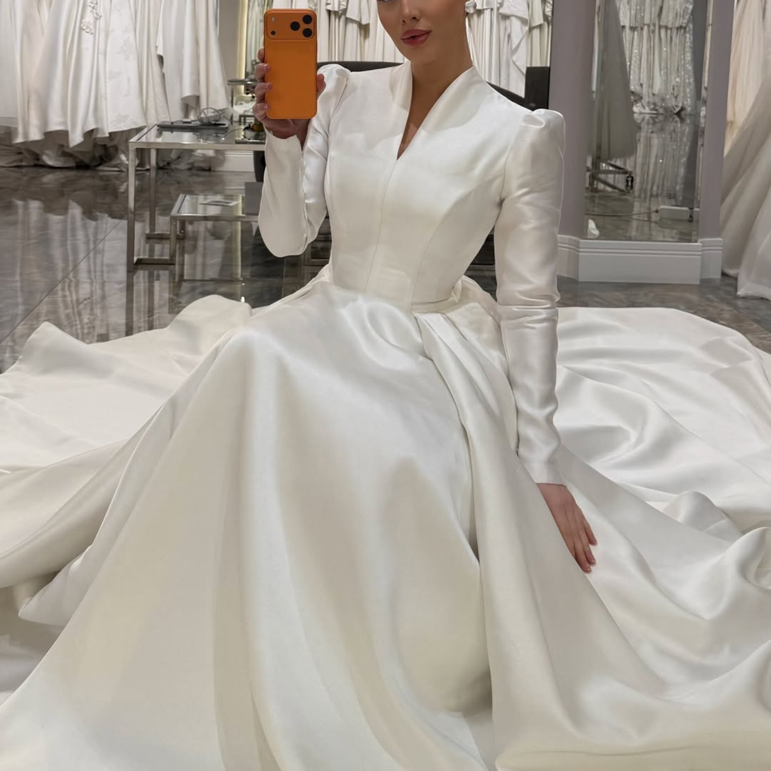 Elegant Modest V-Neck Long Puff Sleeves A-Line Satin Bridal Gown, Right