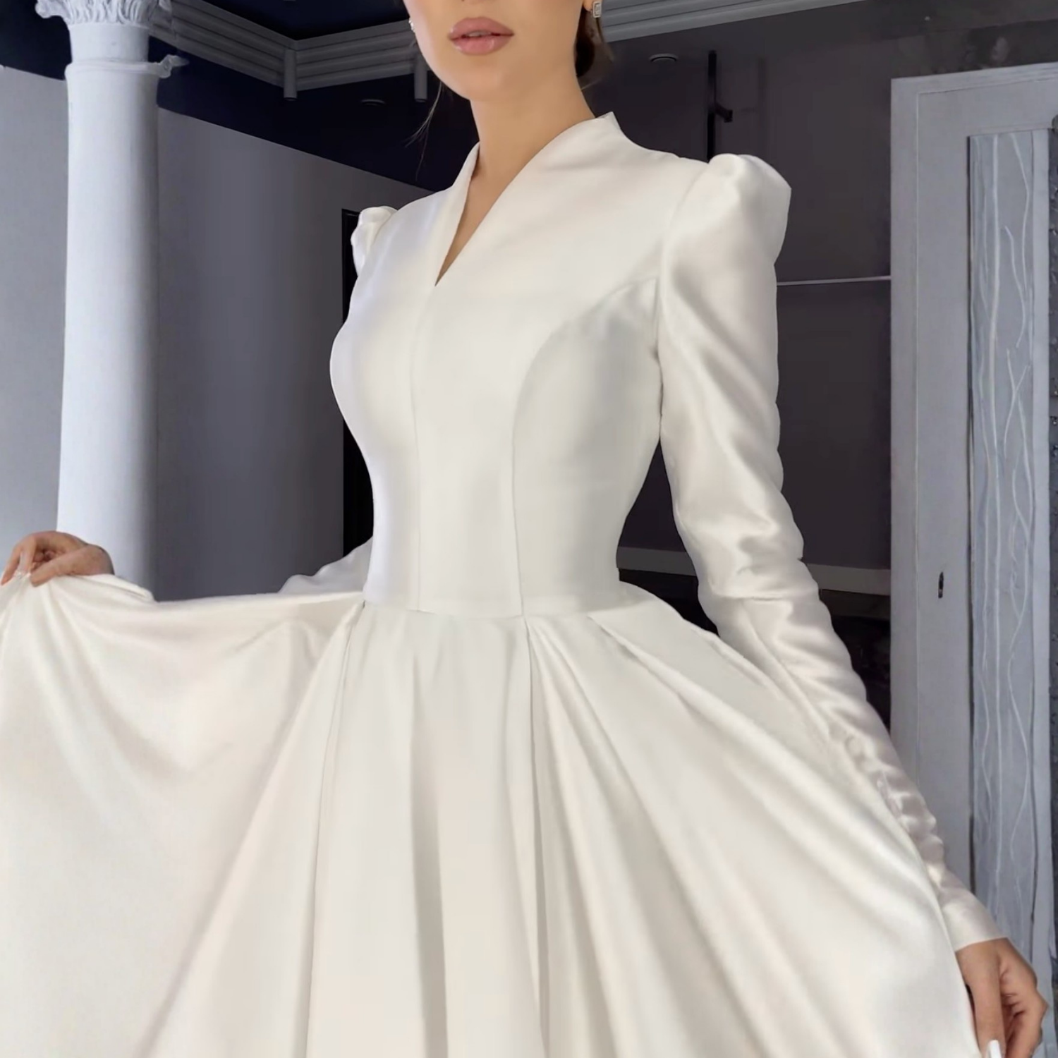 Elegant Modest V-Neck Long Puff Sleeves A-Line Satin Bridal Gown, Close Up 2