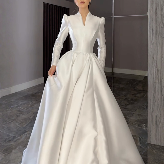 Elegant Modest V-Neck Long Puff Sleeves A-Line Satin Bridal Gown