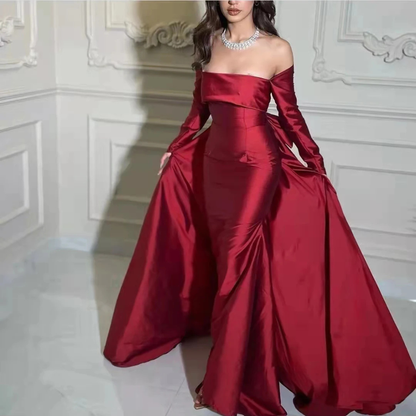 Elegant Red Satin Off Shoulder Bow Train Floor-Length Gown