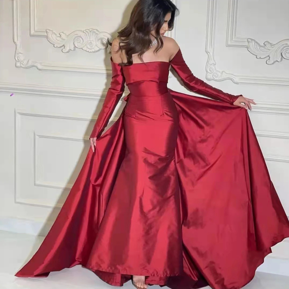 Elegant Red Satin Off Shoulder Bow Train Floor-Length Gown, Front