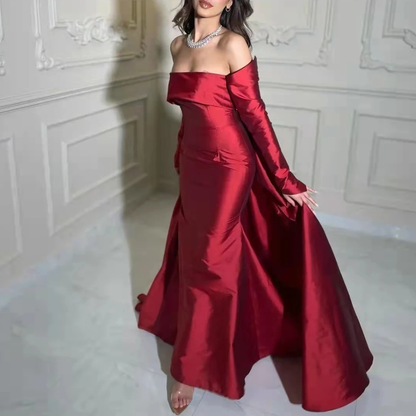 Elegant Red Satin Off Shoulder Bow Train Floor-Length Gown, Left