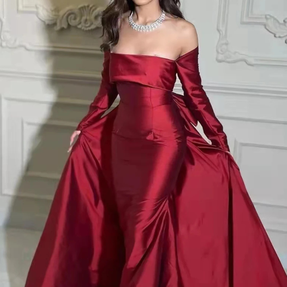 Elegant Red Satin Off Shoulder Bow Train Floor-Length Gown, Close Up